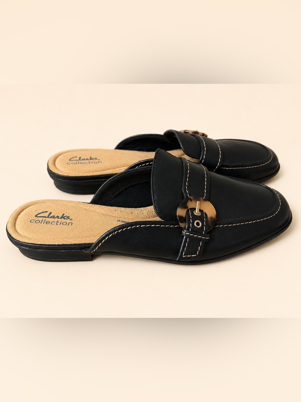 NEW Clarks Black Leather Mule Loafers Slip-On Comfort Shoes Women’s-11